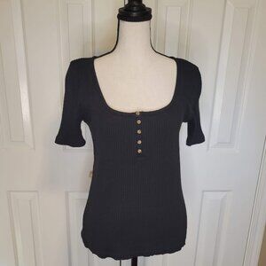 J.Crew Ribbed Button Scoop Neck Henley Top Black Size S